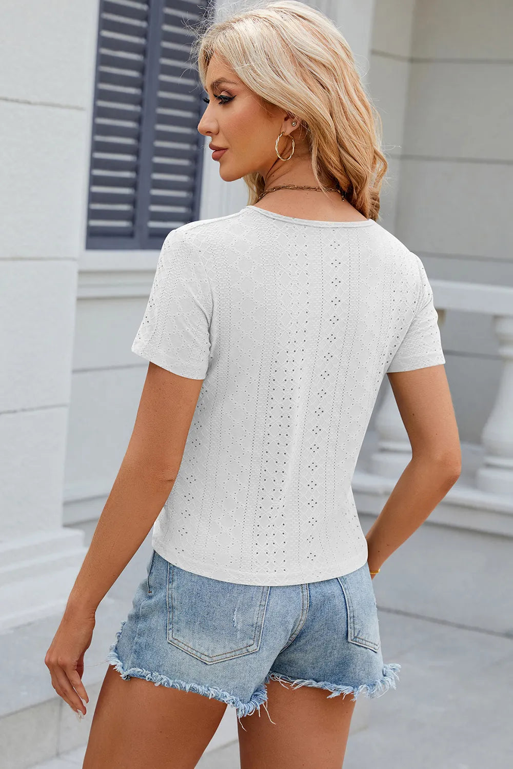 Eyelet Ruched Round Neck Short Sleeve T-shirt (2)