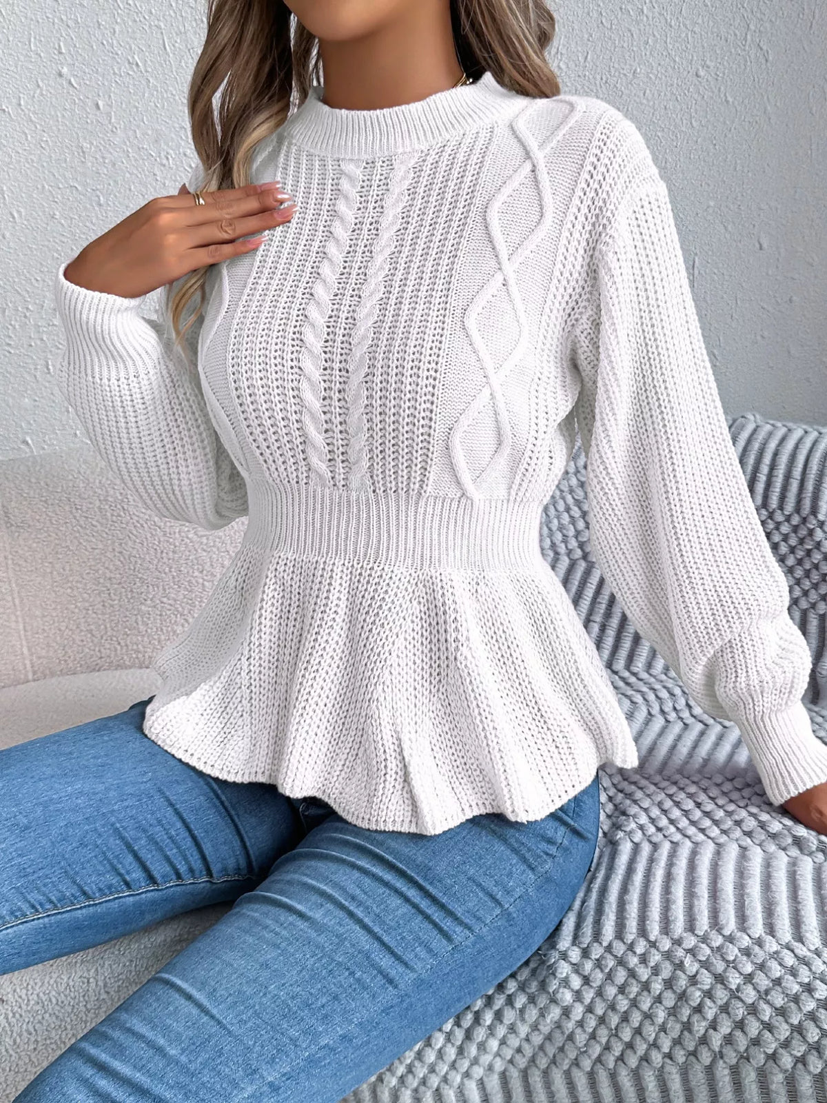 Cable Knit Round Neck Peplum Sweater (2)