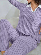 Ribbed Knit Polo Collar Top Pants Lounge Set (7)
