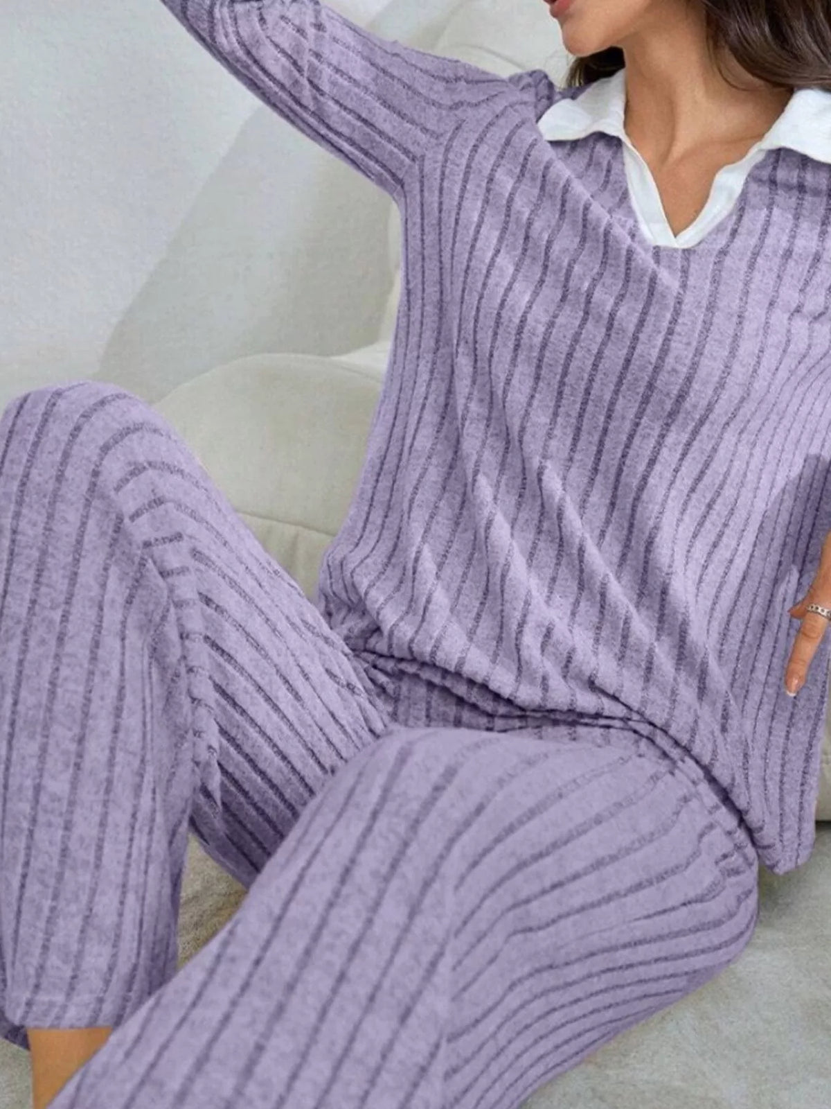 Ribbed Knit Polo Collar Top Pants Lounge Set (7)