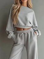 Round Neck Cropped Sweatshirt Wide-leg Pants (8)