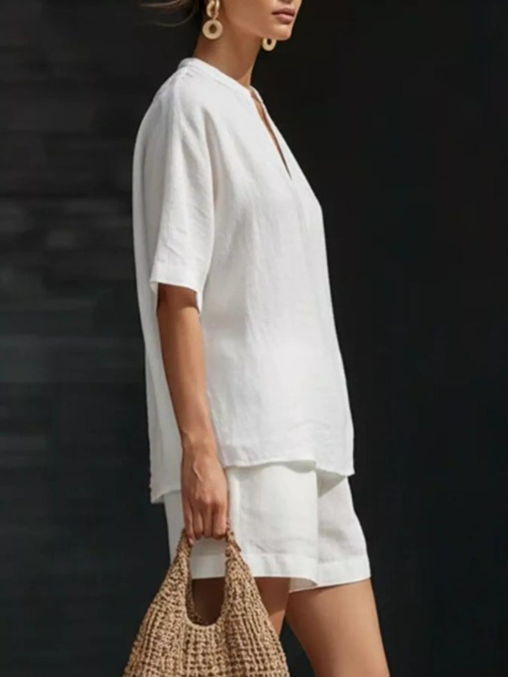 Notched Half Sleeve Top Shorts Set (2)