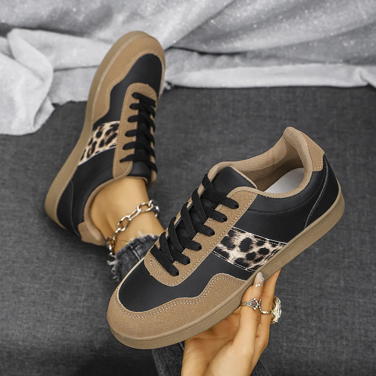 Leopard Lace Up Round Toe Sneakers (4)