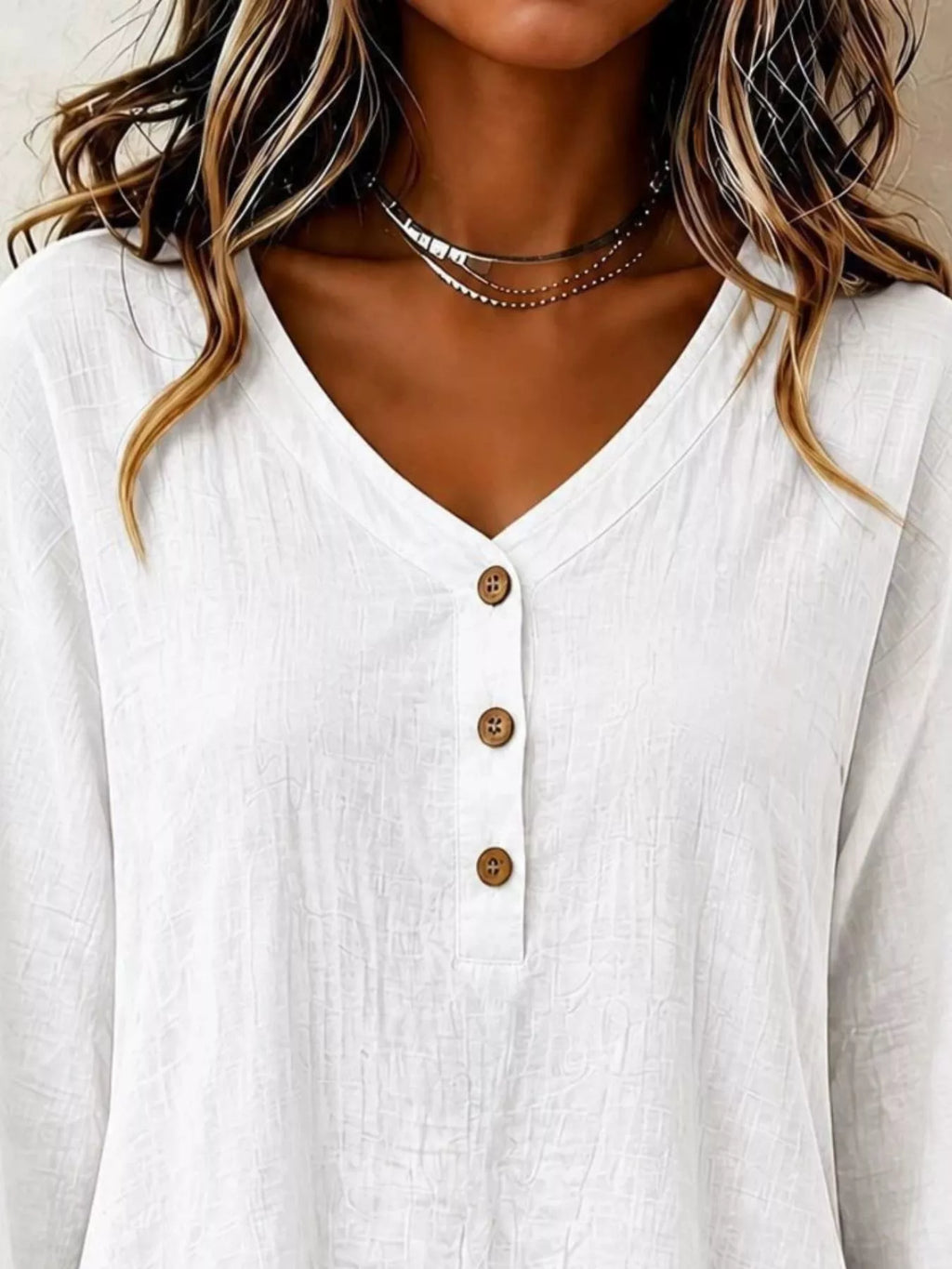 V-neck Long Sleeve Button Detail Ruffled Hem Blouse (2)