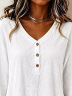V-neck Long Sleeve Button Detail Ruffled Hem Blouse (2)