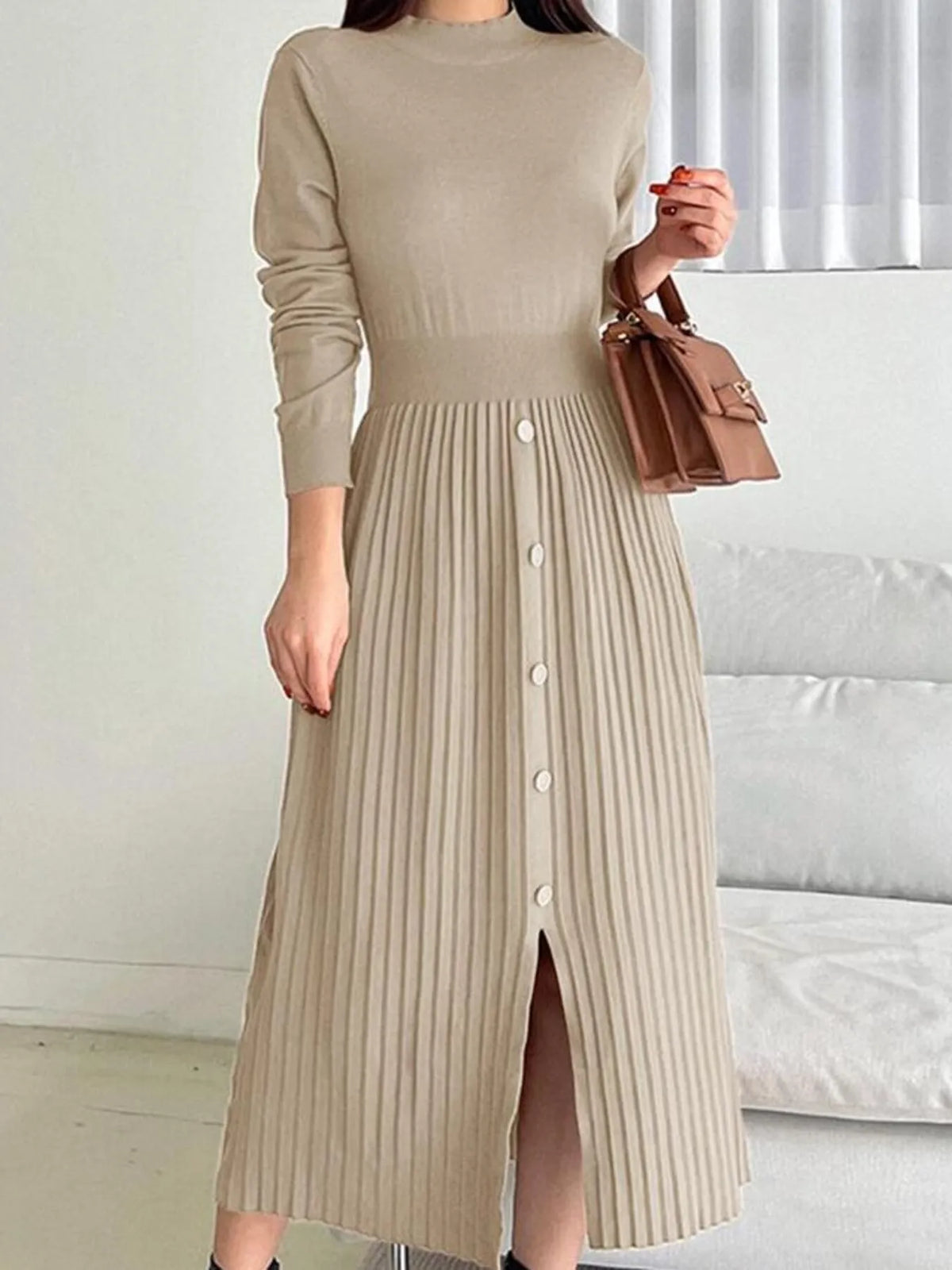 Slit Front Mock Neck Long Sleeve Knit Dress (8)
