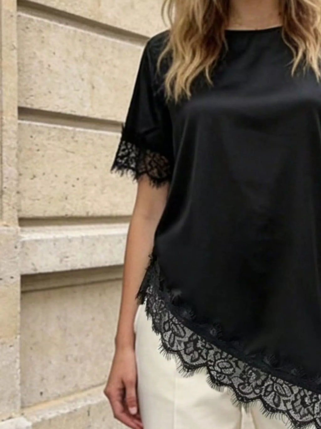 Lace Trim Short Sleeve Satin Top (5)