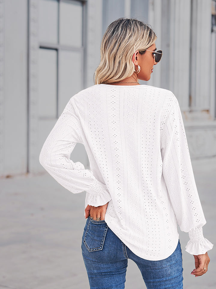 V-neck Eyelet Flounce Sleeve Blouse (6)