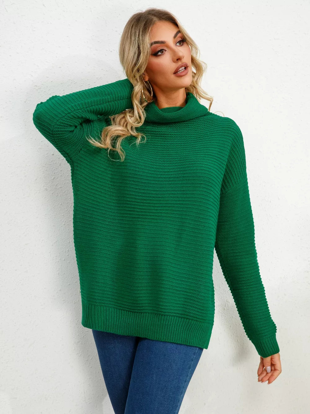 Slit Turtleneck Dropped Shoulder Sweater (5)