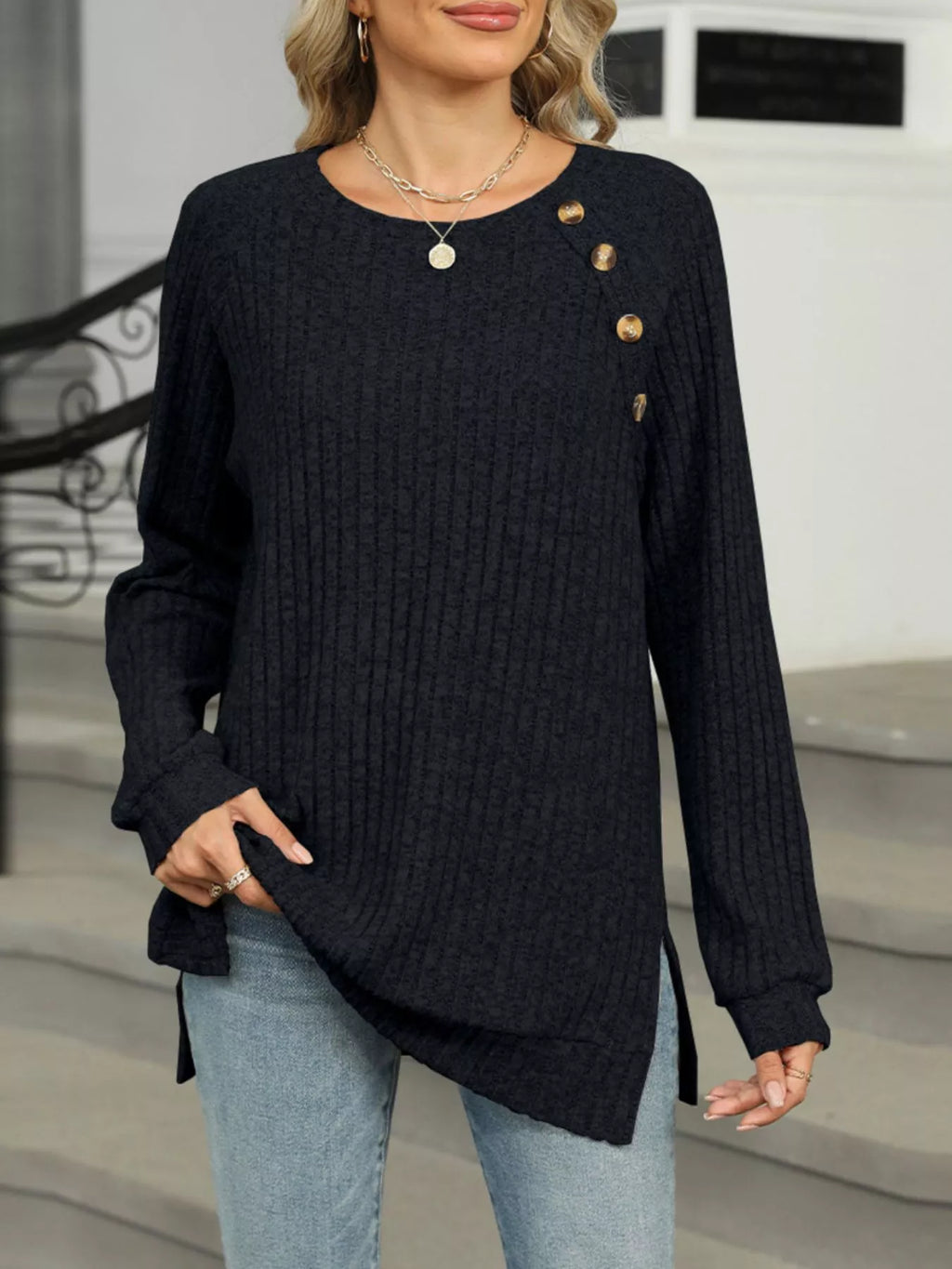 Round Neck Knit Button Top (19)