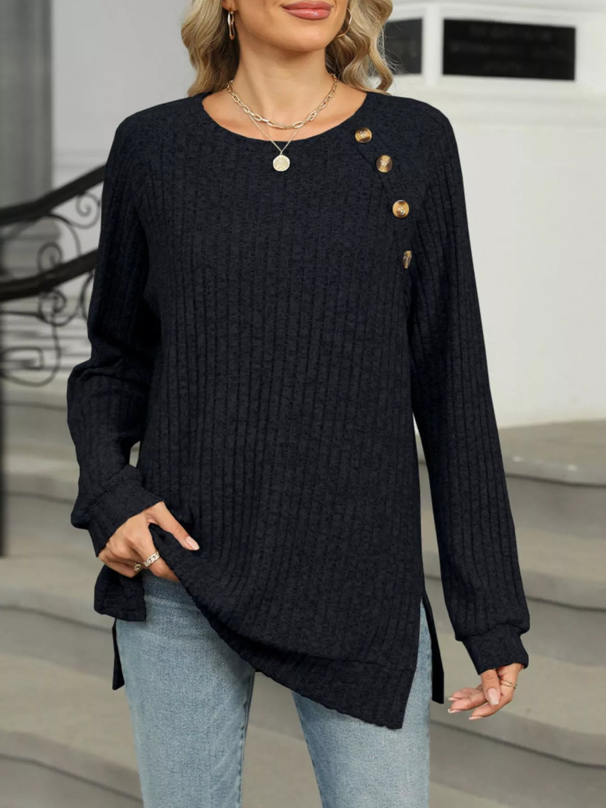 Round Neck Knit Button Top (19)