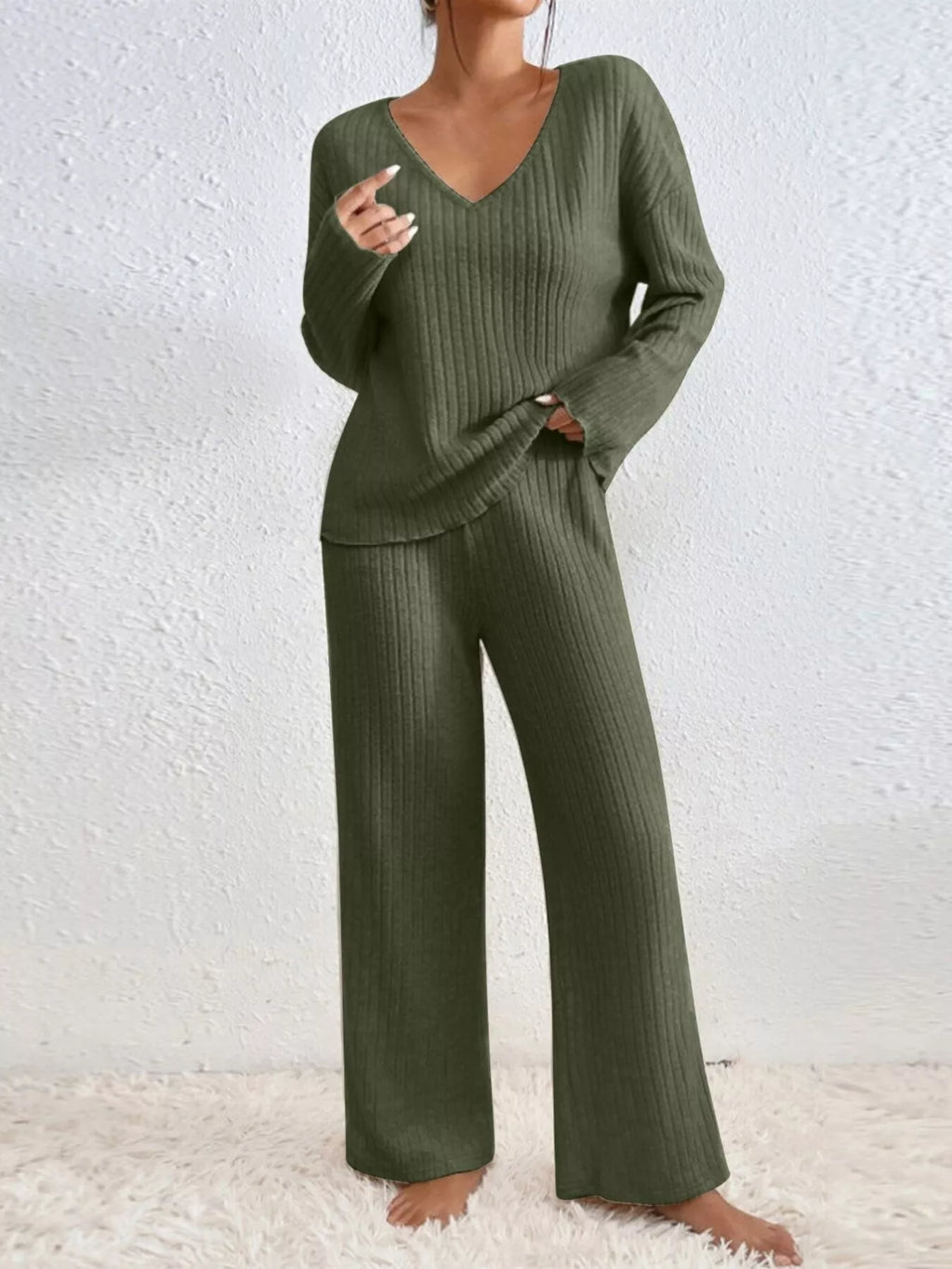 Ribbed V-neck Top Pants Set (5)
