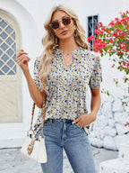 Ruched Printed Notched Short Sleeve Blouse (11)