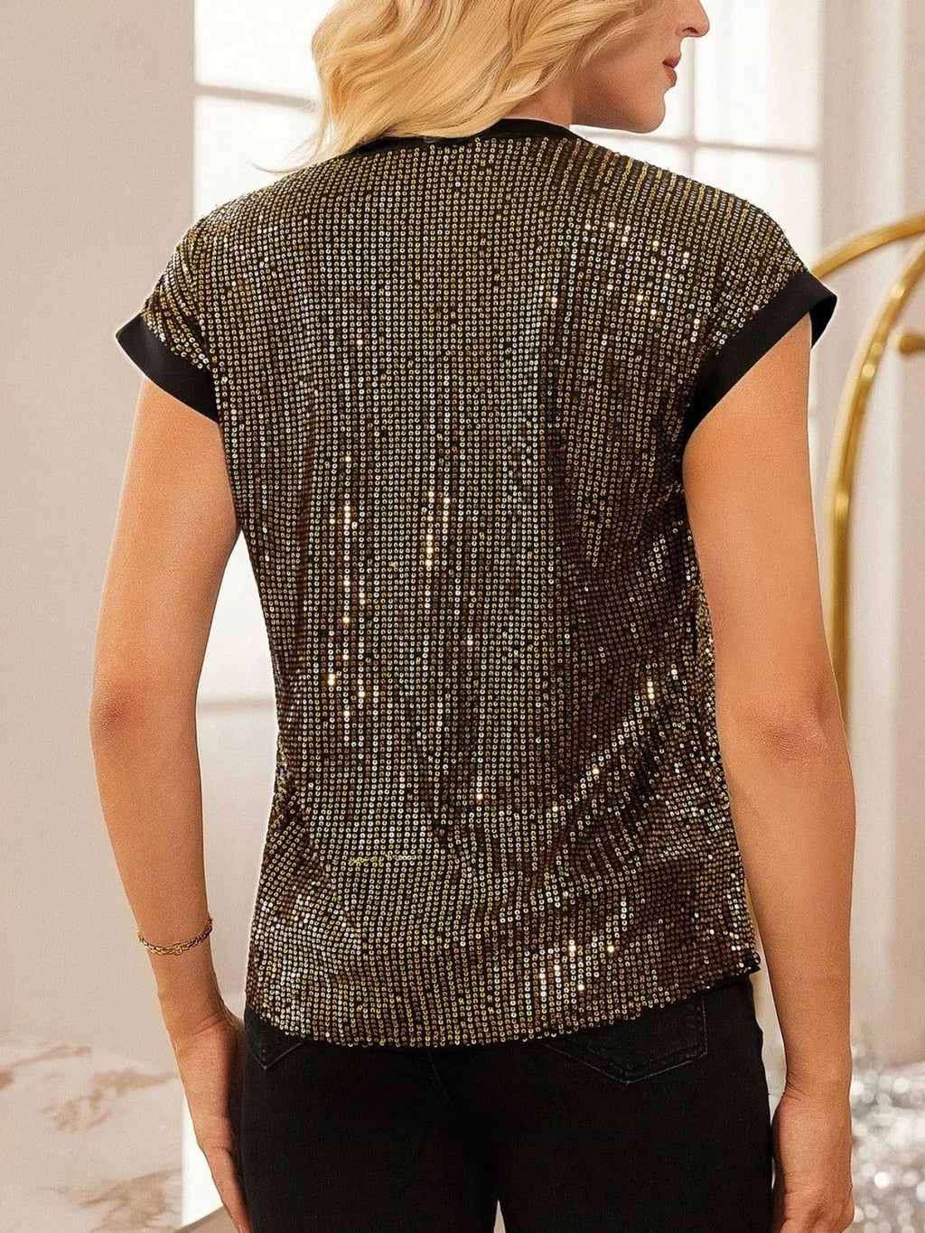 Sequin Notched Cap Sleeve Blouse (6)