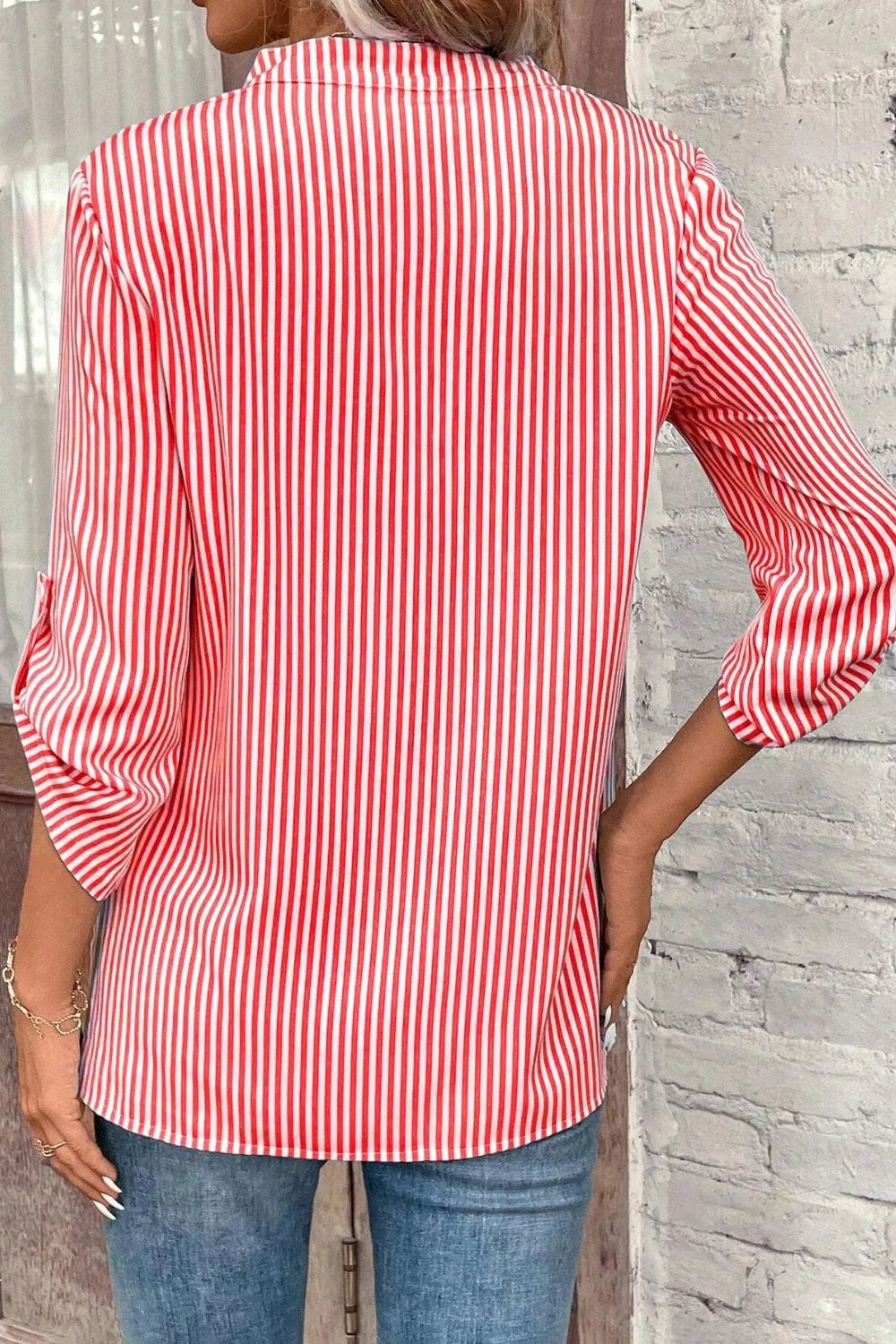 Striped Notched Roll-tab Sleeve Shirt (4)
