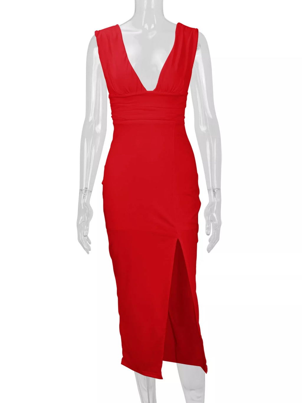 Sleeveless Deep V-neck Ruched High Slit Bodycon Dress (11)