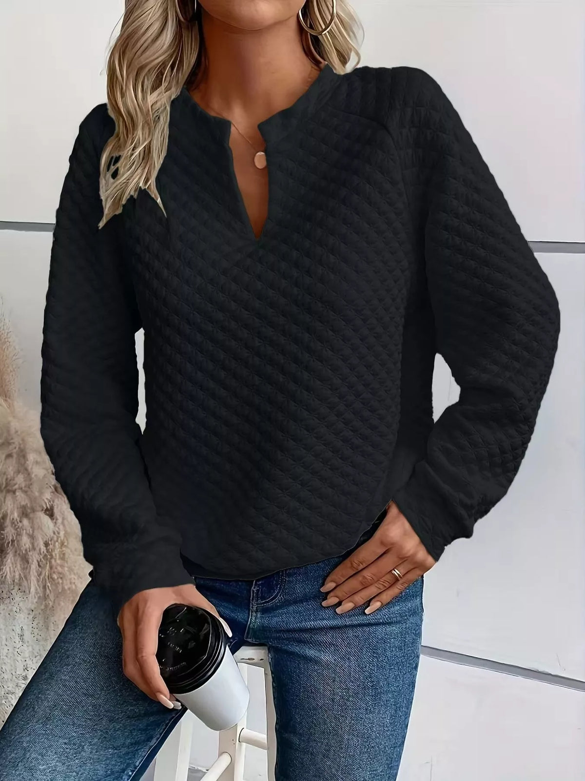 Textured Notched Raglan Sleeve Sweatshirt (2)