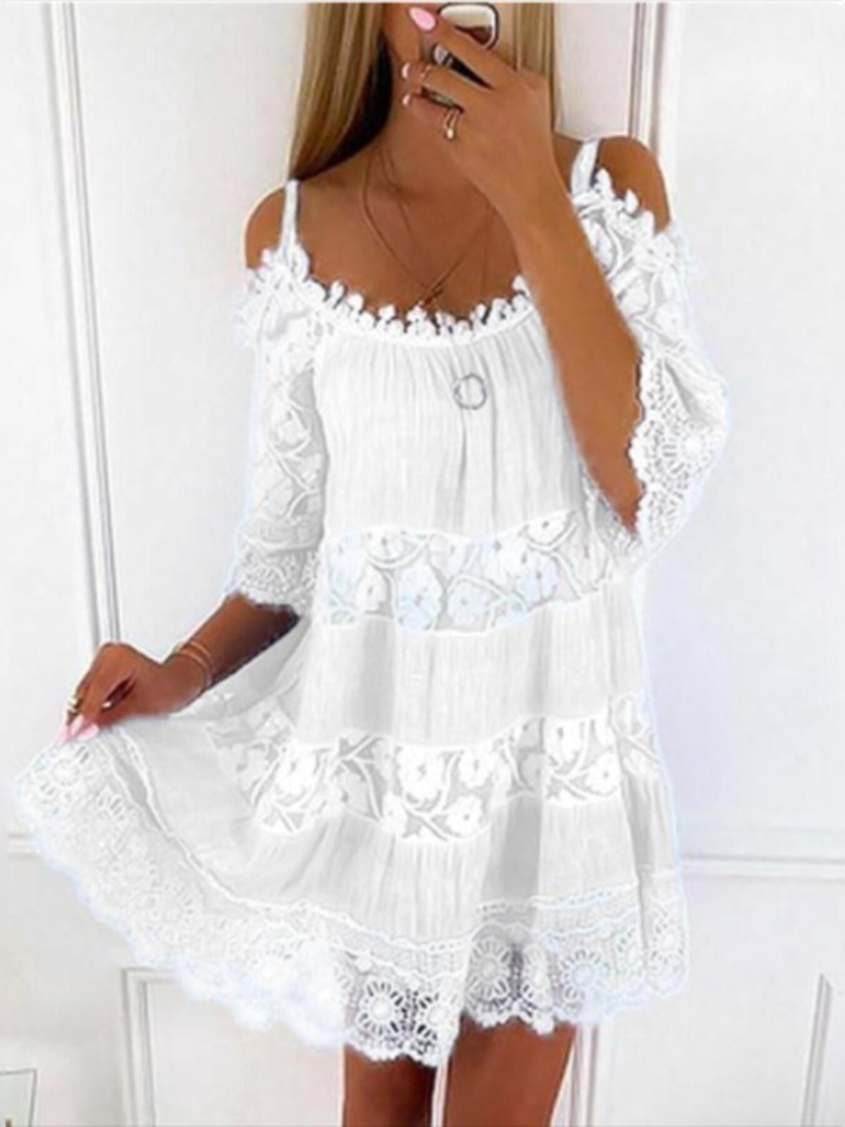 Full Size Bohemian Lace Cold Shoulder Mini Dress Plus (3)