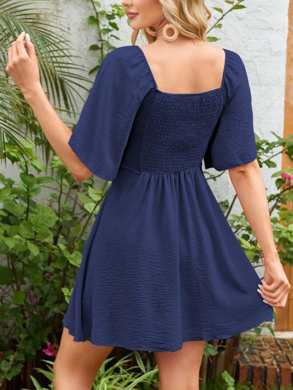 Smocked Back Knotted Flutter Sleeve Dress (18)