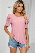 Eyelet Round Neck Puff Sleeve T-shirt