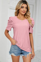 Eyelet Round Neck Puff Sleeve T-shirt