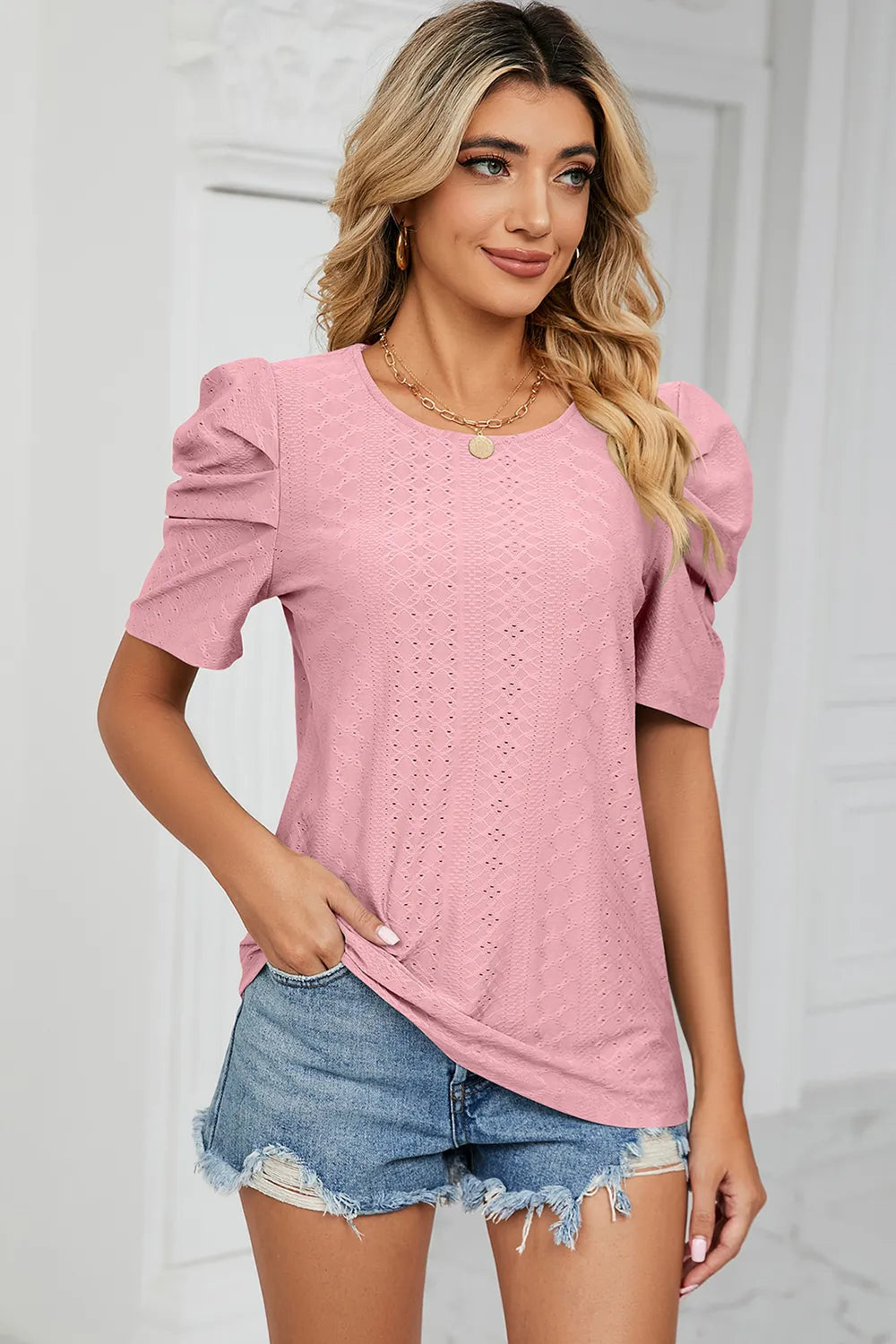 Eyelet Round Neck Puff Sleeve T-shirt