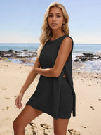 Slit Round Neck Top Shorts Set (11)