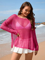 Openwork Slit Boat Neck Long Sleeve Cover-up (6)