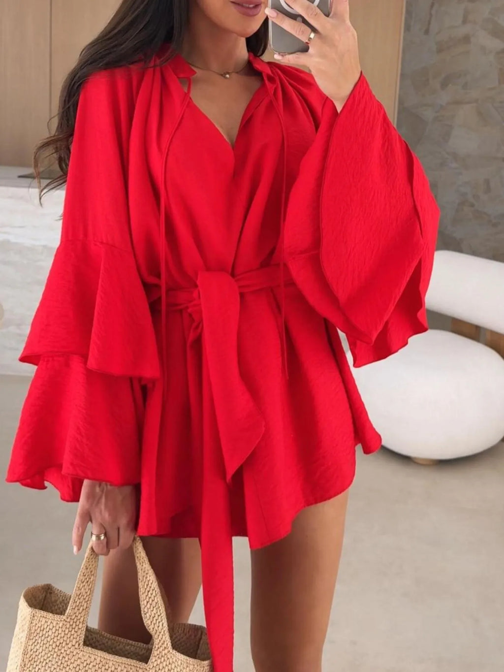 Bell Sleeve Tie Waist Mini Shirt Dress (23)