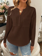 Pocketed Notched Long Sleeve Blouse (12)