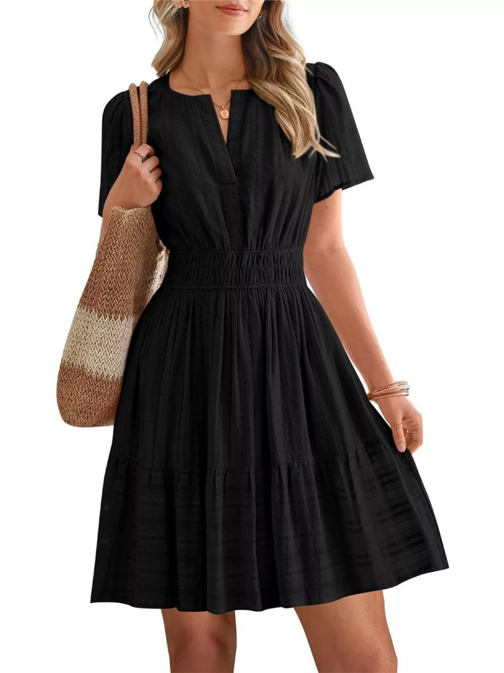 Short Sleeve Smocked Waist Tiered Dress (2)