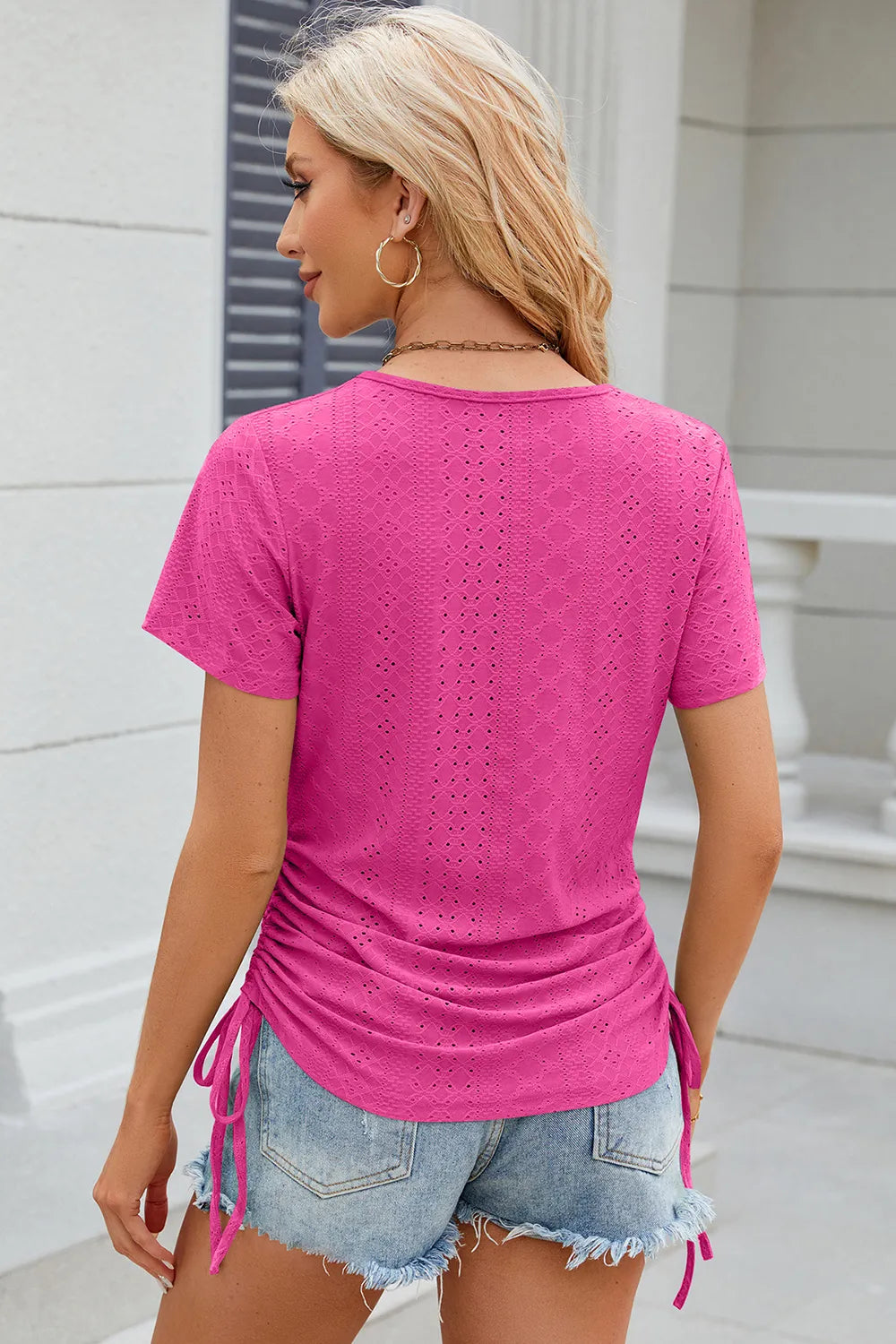 Eyelet Round Neck Short Sleeve T-shirt (8)
