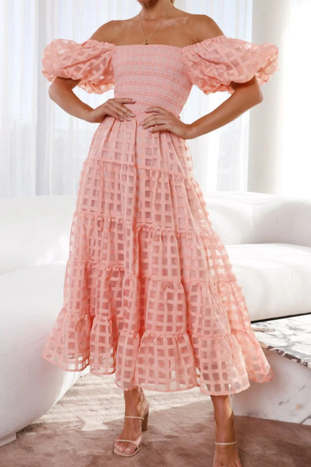 Off Shoulder Short Puff Sleeve Midi Dress (2)