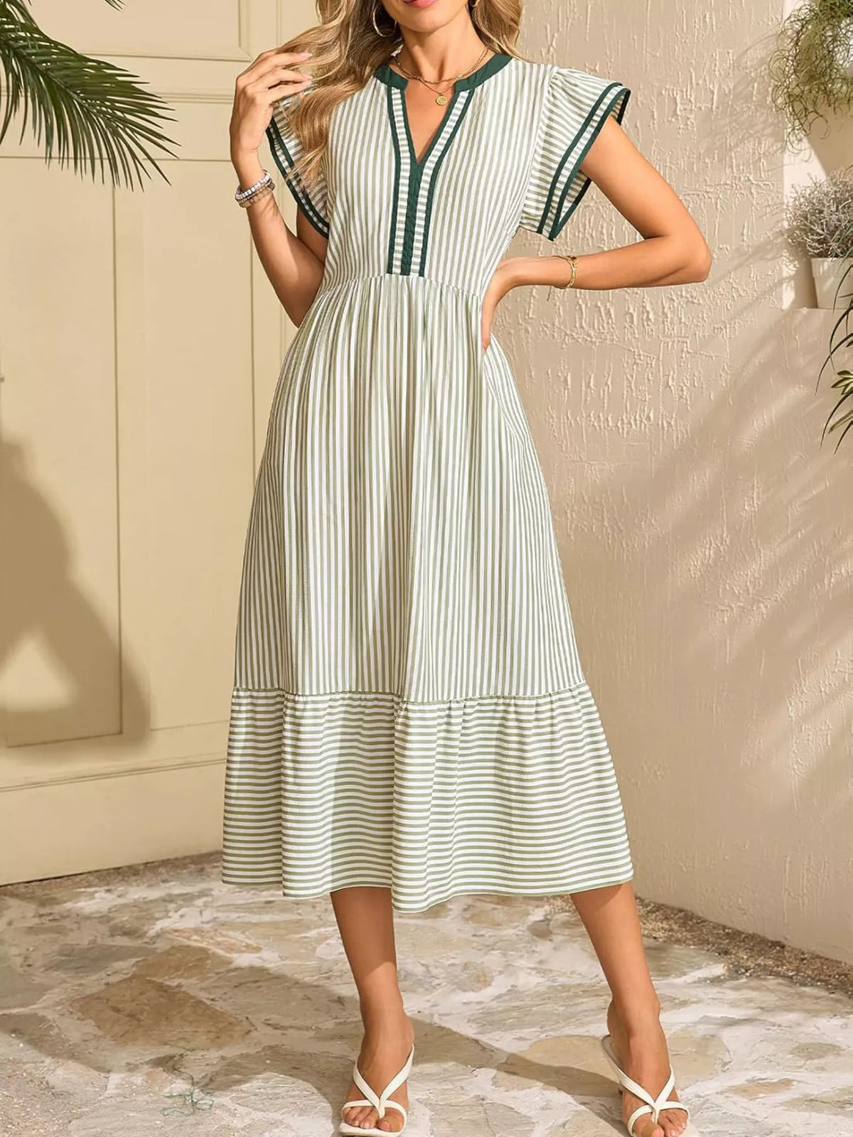 Striped Ruffle Sleeve Midi Dress (18)