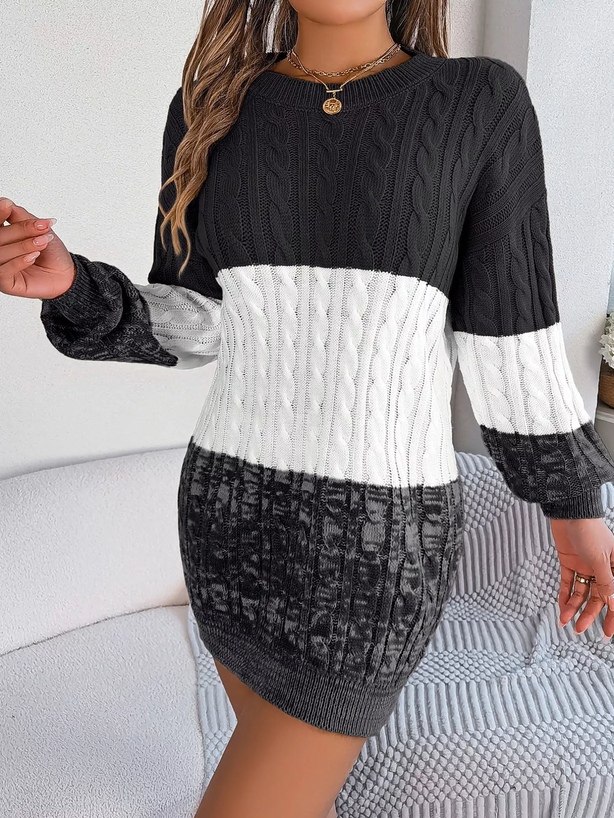 Block Cable Knit Sweater Dress Textured Pattern (17)