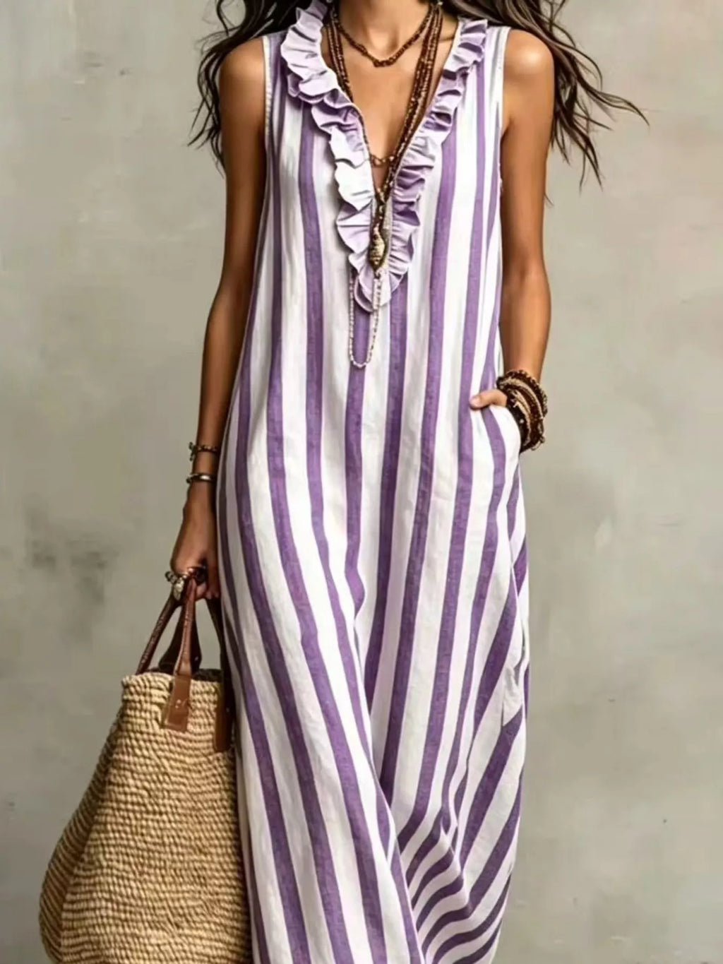 Full Size Sleeveless Striped Ruffle V-neck Maxi Dress Plus (6)
