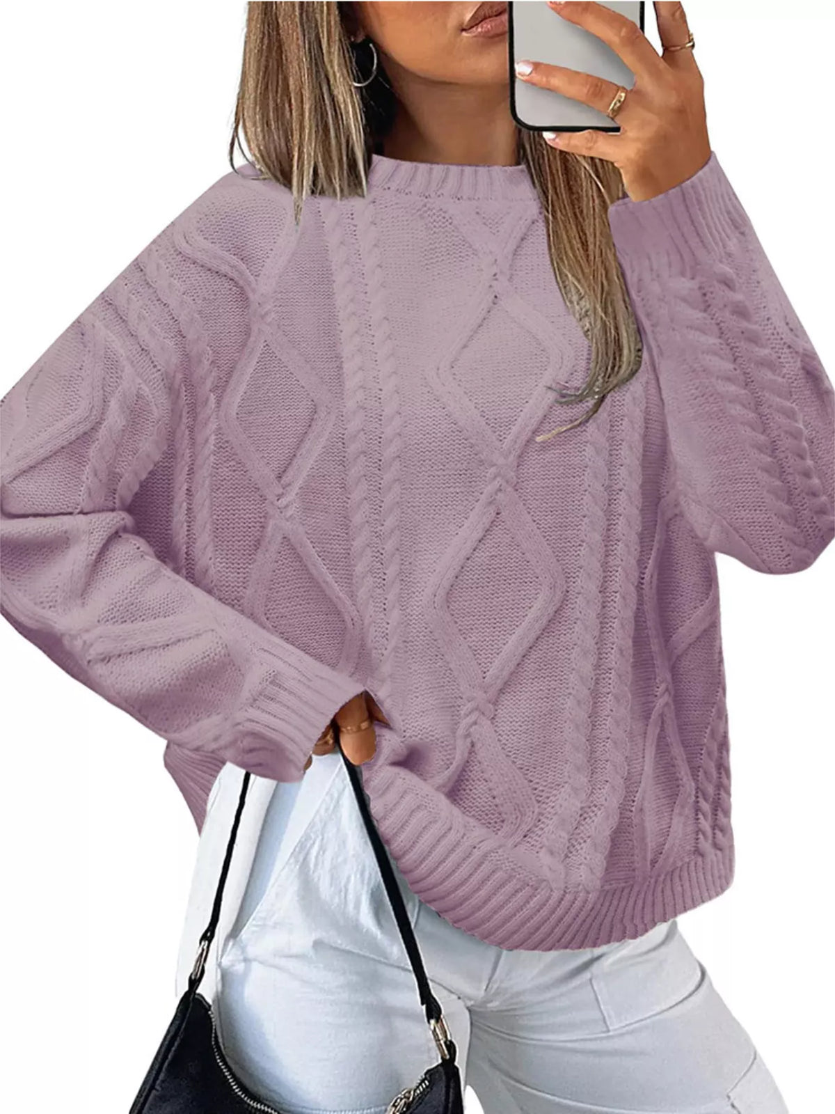 Cable Knit Round Neck Long Sleeve Sweater (2)