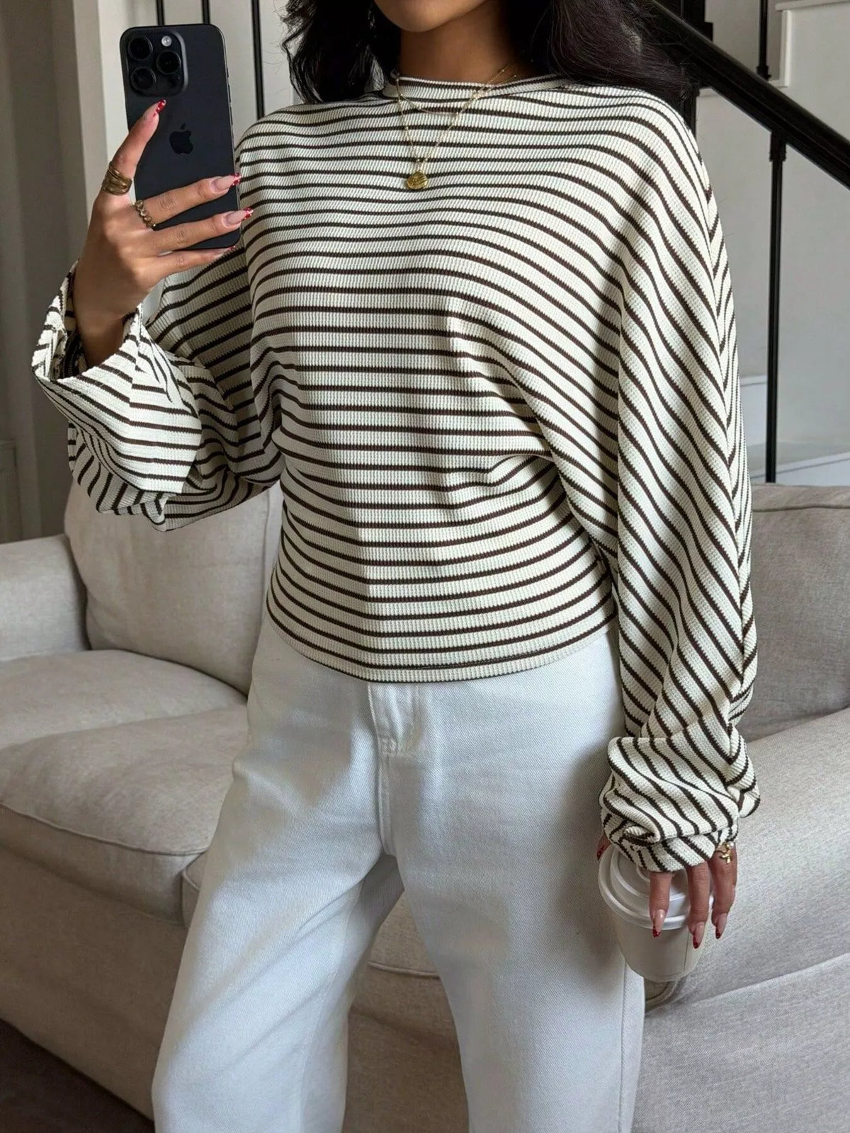 Casual Striped Batwing Sleeve T-shirt (2)
