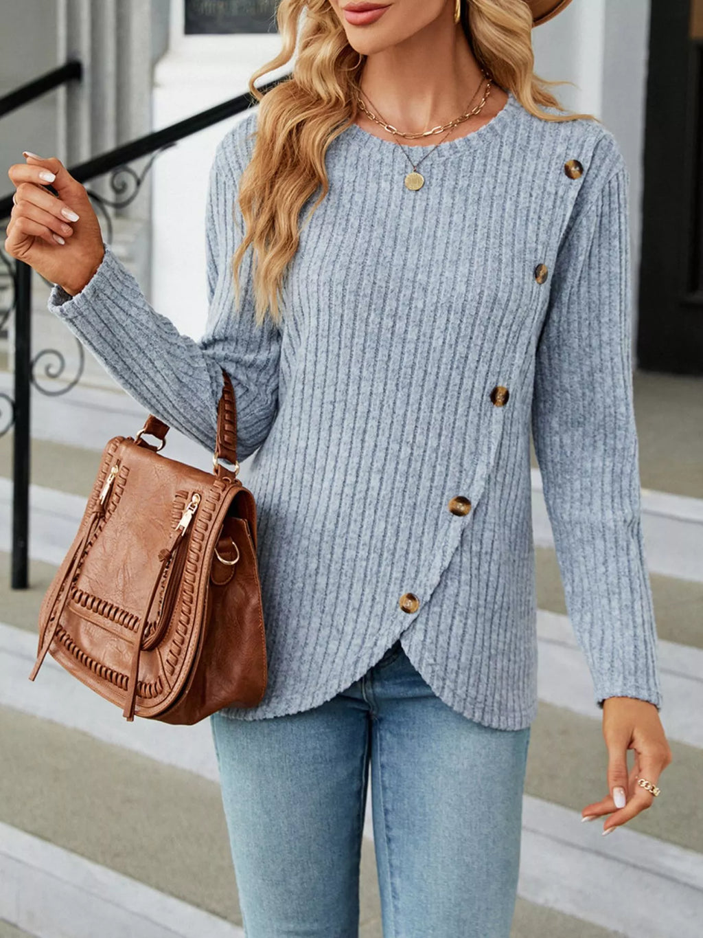 Ribbed Knit Decor Button T-shirt (3)