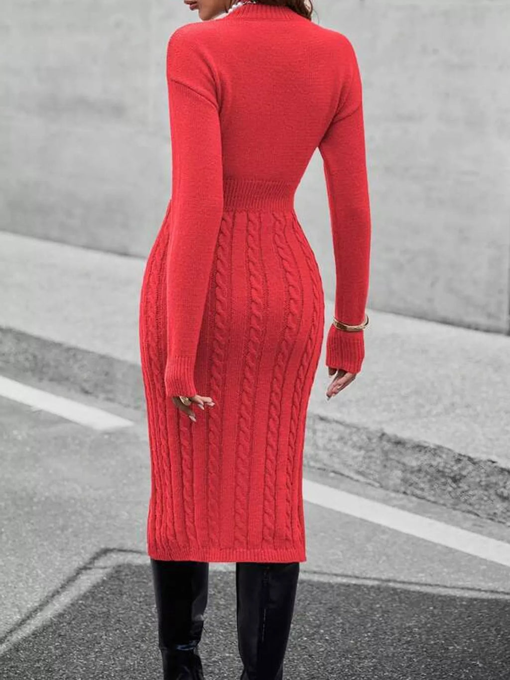 Full Size Mock Neck Cable Knit Sweater Dress Front Slit Plus (22)
