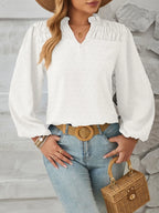 Ruched Swiss Dot Notched Balloon Sleeve T-shirt (3)