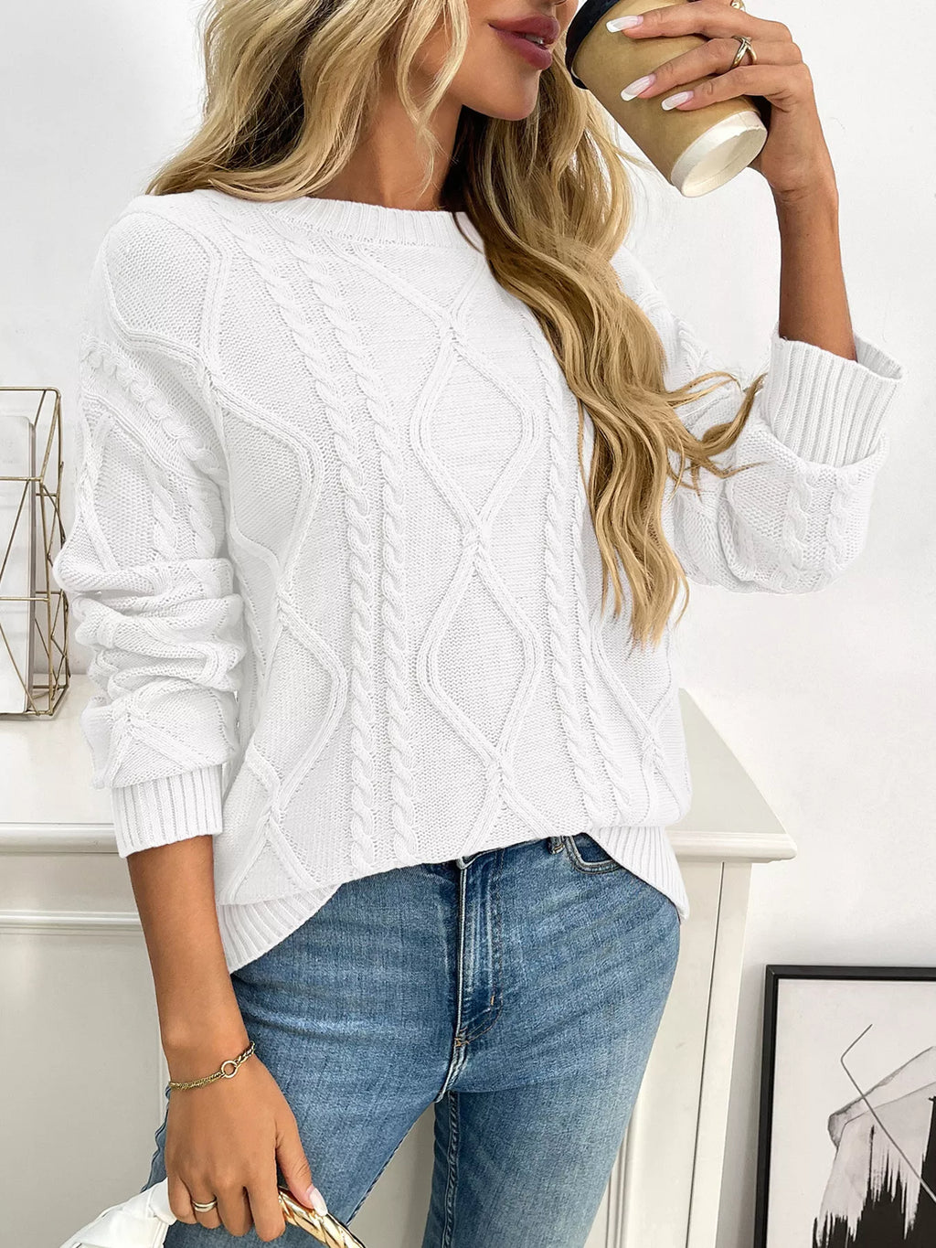 Cable Knit Round Neck Long Sleeve Sweater (7)