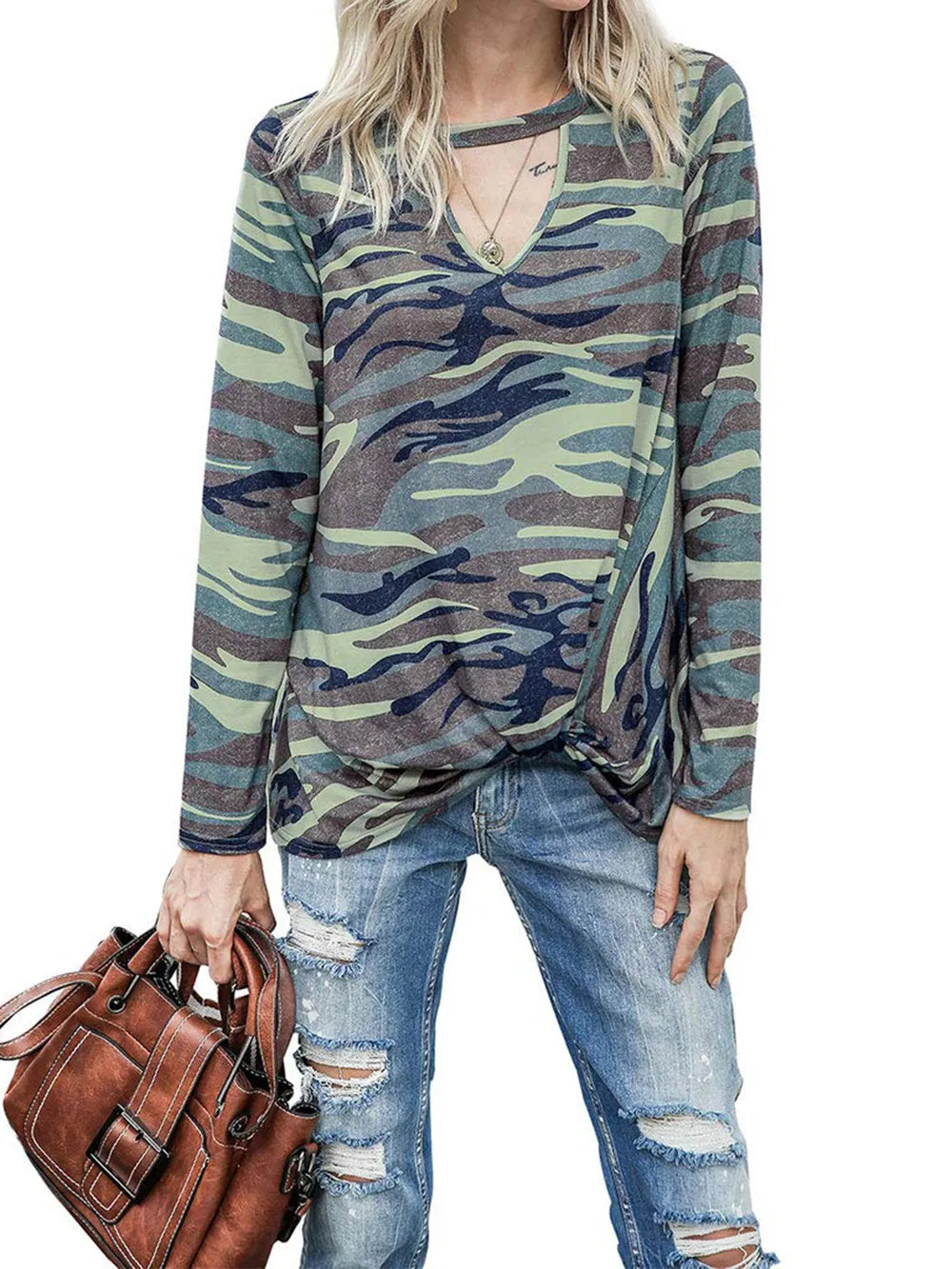 Cutout Round Neck Long Sleeve T-shirt (15)
