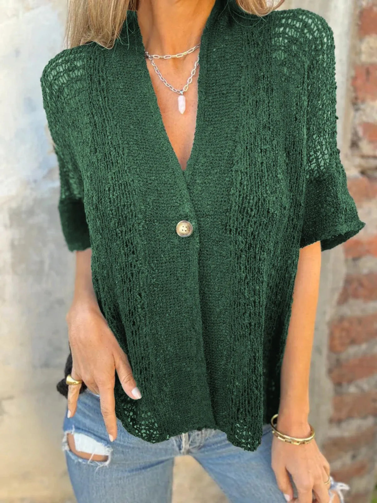 Full Size One Button Half Sleeve Cardigan Plus (14)