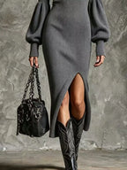 Ribbed Knit Quarter-zip Lantern Sleeve Sweater Dress (6)