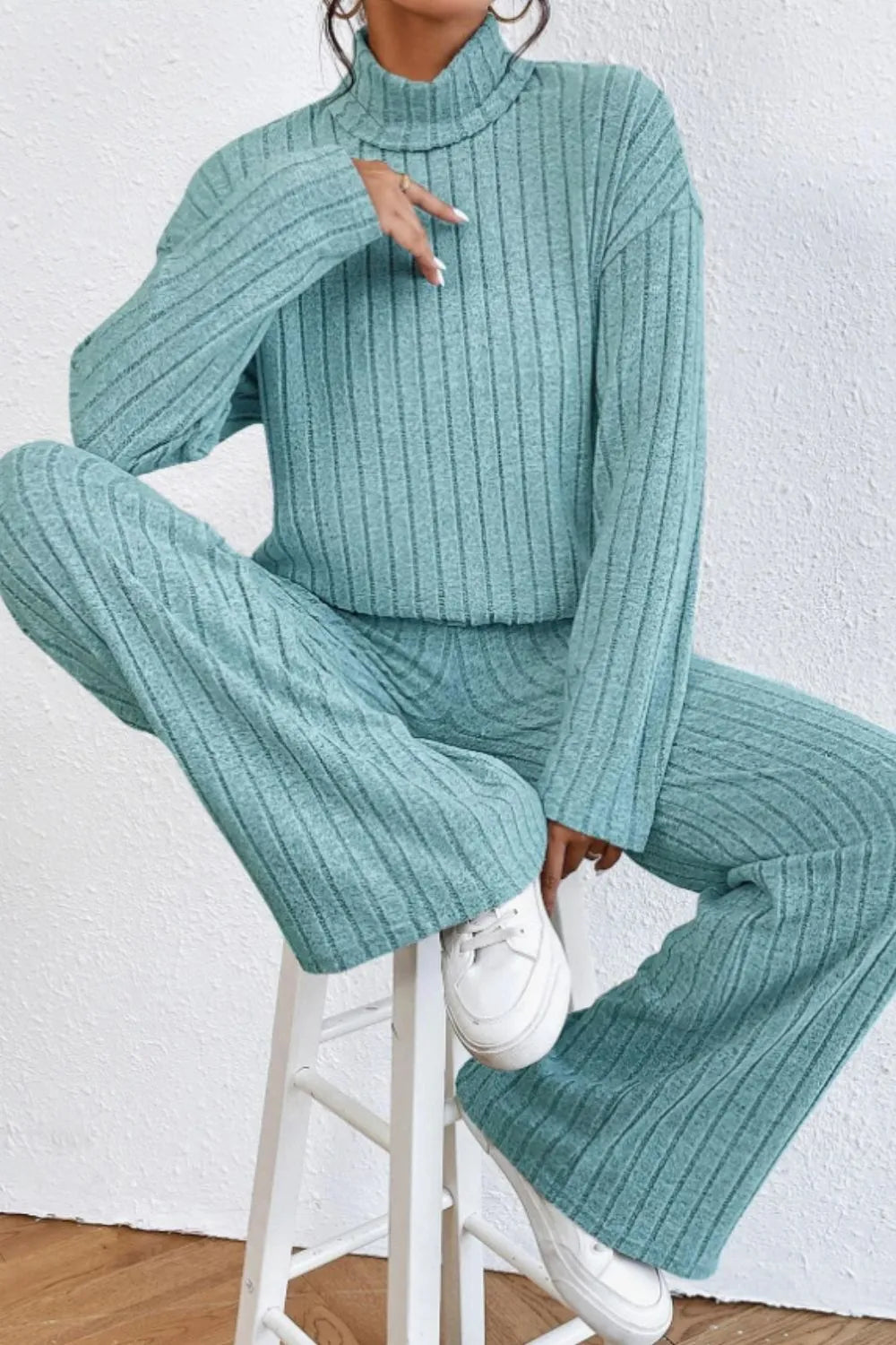 Mock Neck Dropped Shoulder Top Pants Set (13)