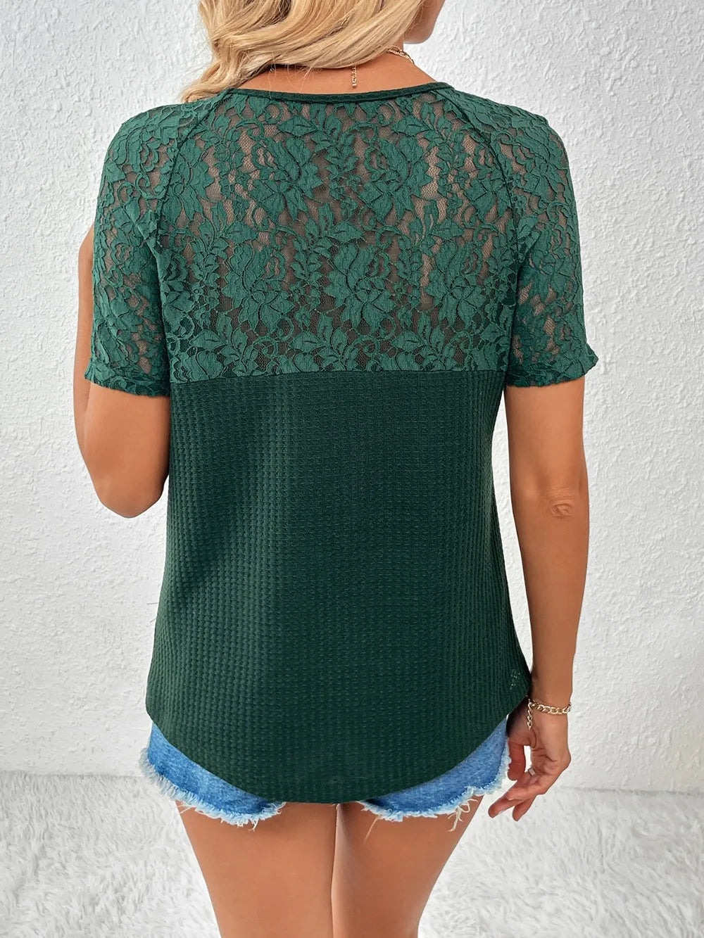 Lace Detail V-neck Short Sleeve T-shirt (12)