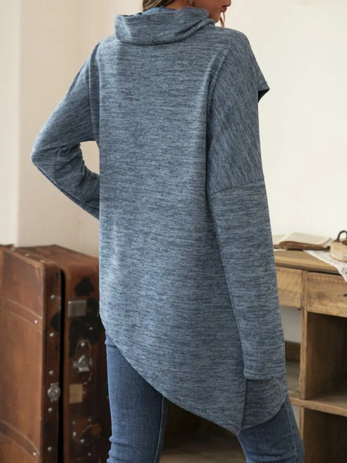 Asymmetrical Hem Cowl Neck Long Sleeve T-shirt (2)