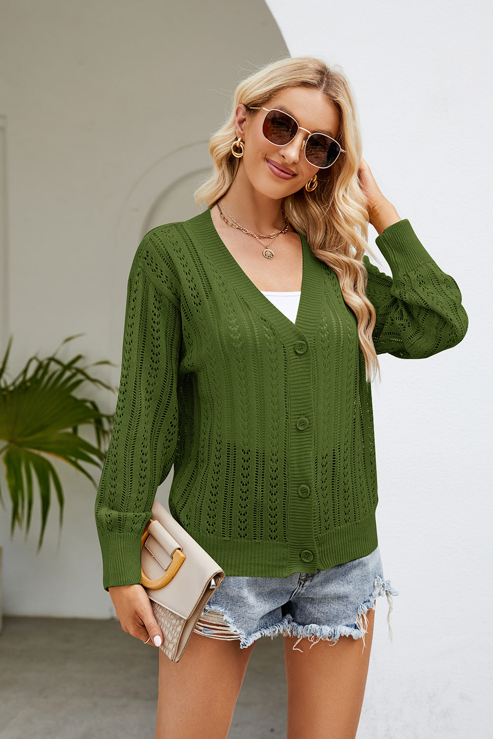 Openwork Button Front V-neck Cardigan (9)