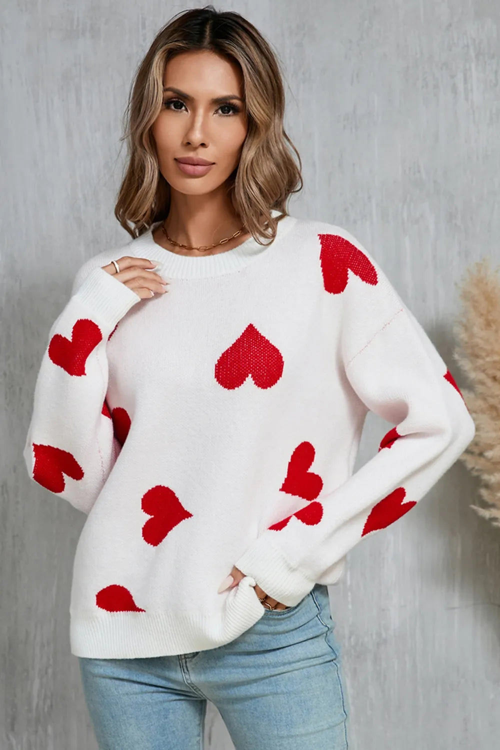 Heart Round Neck Dropped Shoulder Sweater (3)